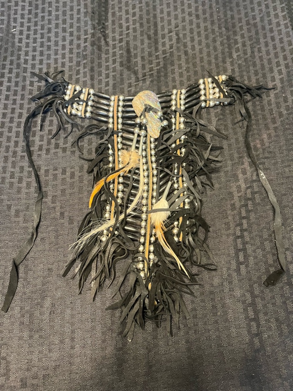 Native American Ceremonial Breast piece/Necklace w/shell, beads, feather Accents